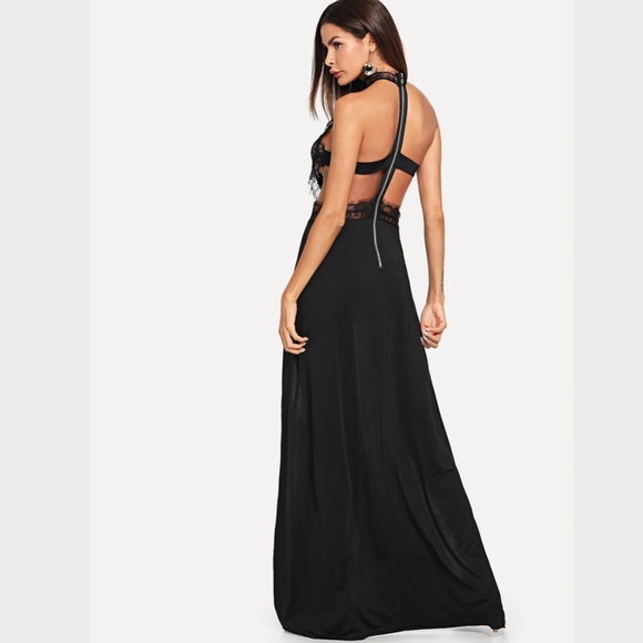 Lace Detail High Slit Halter Neck Black Maxi Dress - Picture 5 of 8